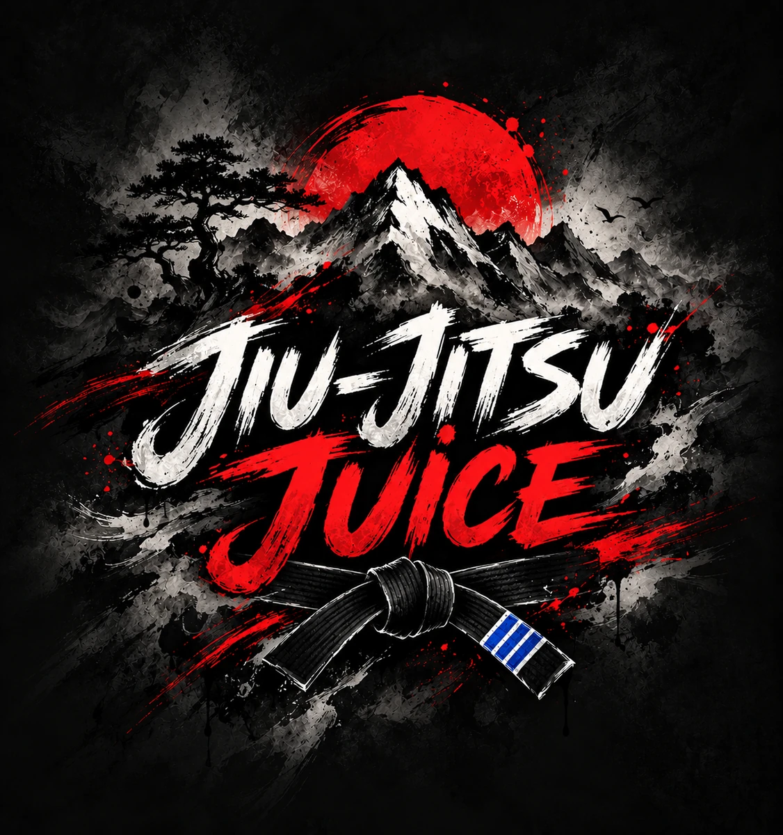 Jiu-Jitsu Juice gritty brushstroke logo with red sun, mountains, and a black jiu-jitsu belt with blue stripes